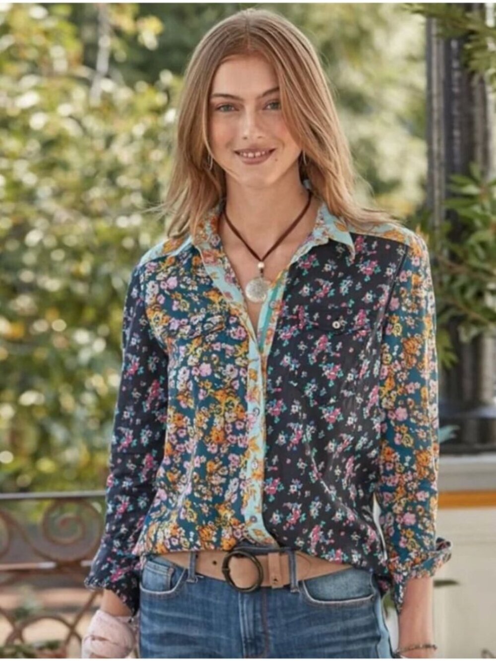 Sundance Floral Melody Button Up Blouse XL Boho Lightweight Cotton Breathable